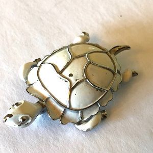 Shabby Chic Vintage Silver White Turtle Brooch Pin